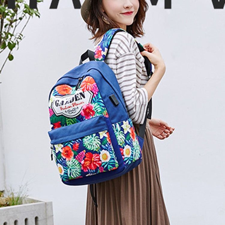 Floral Canvas Zipper Naisten Reppu