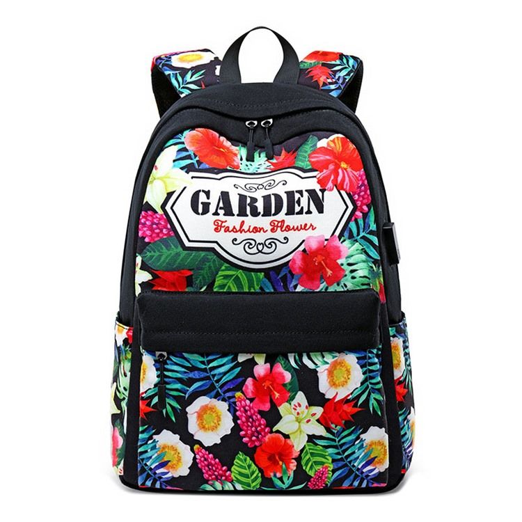 Floral Canvas Zipper Naisten Reppu