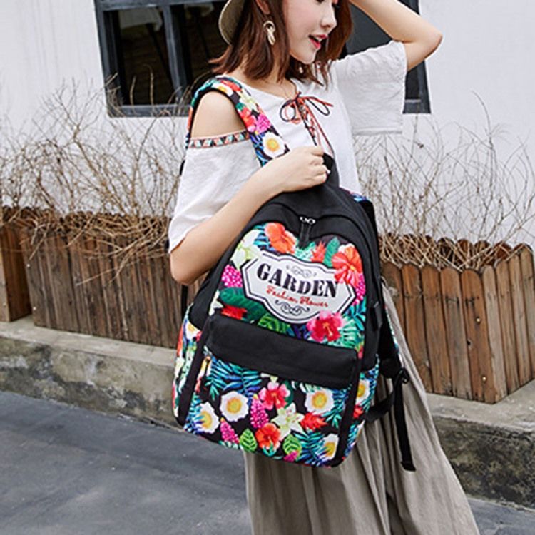 Floral Canvas Zipper Naisten Reppu