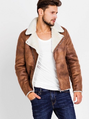 Lapel Pu Zip Faux Shearling Lämmin Vogue Miesten Takki