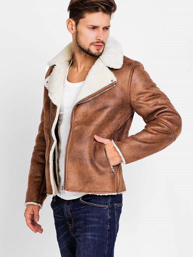 Lapel Pu Zip Faux Shearling Lämmin Vogue Miesten Takki