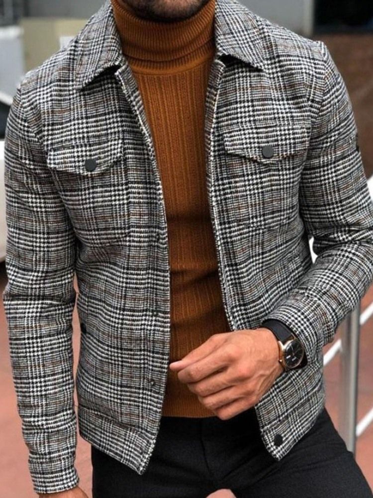 Pocket Plaid Lapel Fall Miesten Ohut Takki