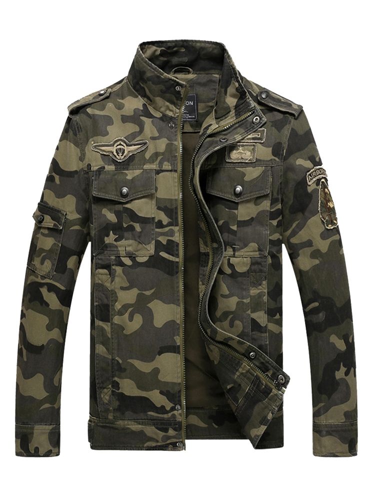 Puuvillasekoitteet Camouflage Stand Collar Zip -takki