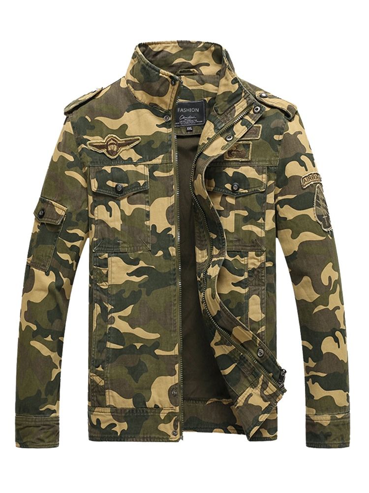 Puuvillasekoitteet Camouflage Stand Collar Zip -takki