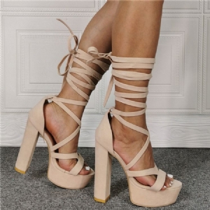 Chunky Heel Nauhalliset Pyöreät Toe Beige Naisten Sandaalit