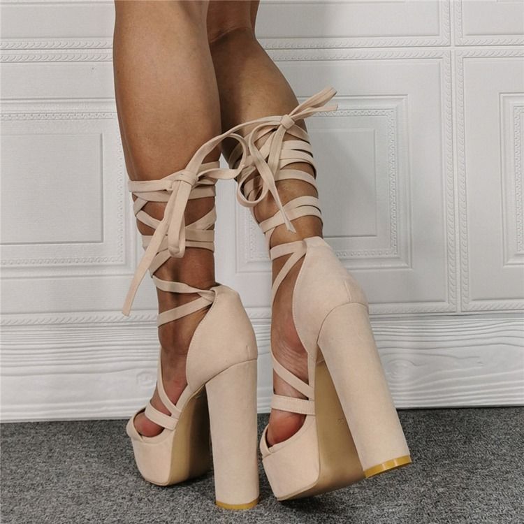 Chunky Heel Nauhalliset Pyöreät Toe Beige Naisten Sandaalit