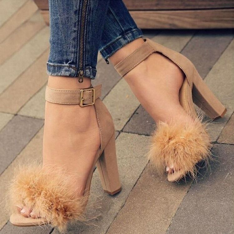 Faux Fur Heel Covering Chunky Heel Naisten Sandaalit