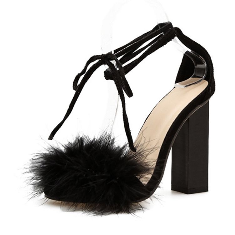 Faux Fur Lace-up Chunky Heel Naisten Sandaalit