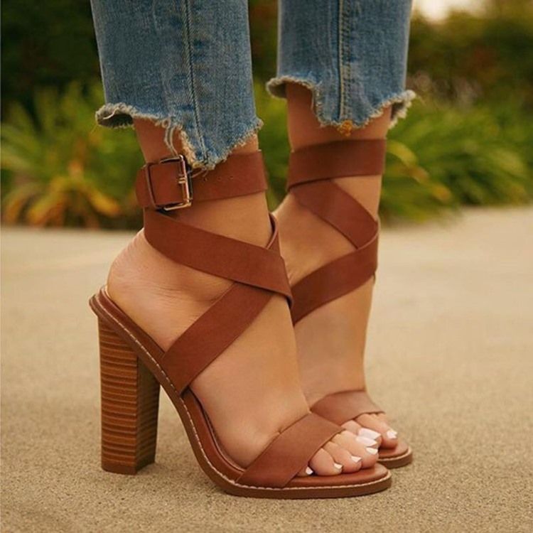 Plain Solki Strappy Chunky Heel Naisten Sandaalit