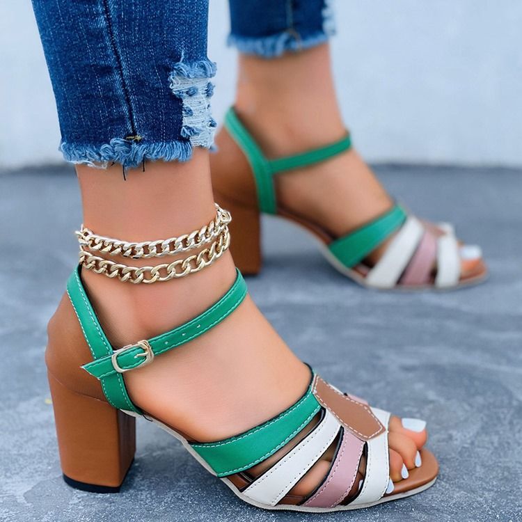 Solki Chunky Heel Peep Toe Color Block Naisten Sandaalit