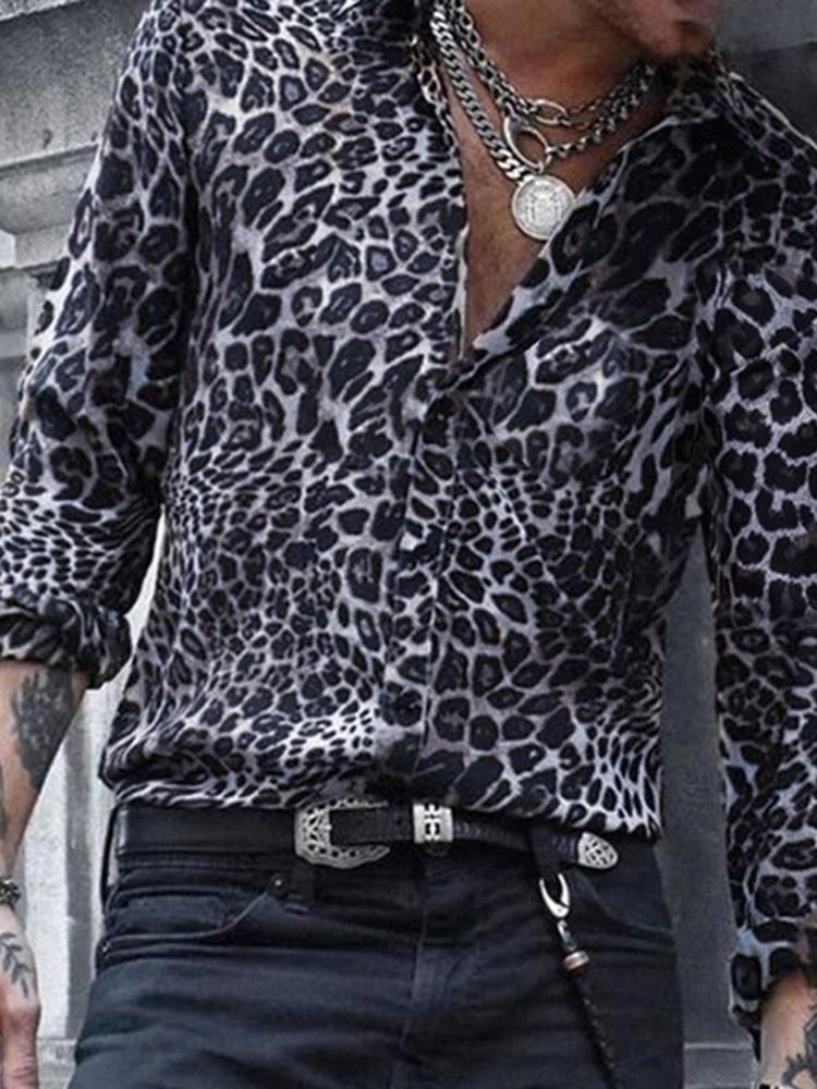 Casual Lapel Leopard Miesten Ohut Paita