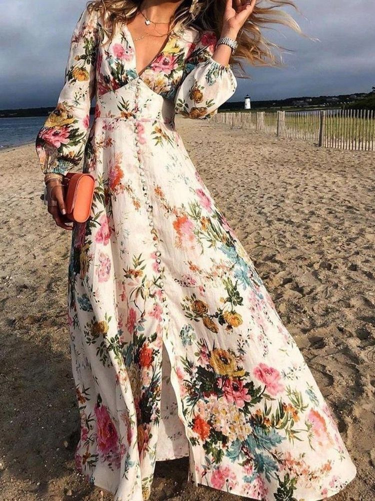 Lattiaa Hipova Pituus Pitkähihainen Nappilaajennus Ladylike Floral Maxi Dress Beach Naisten