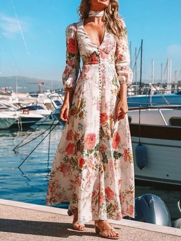 Lattiaa Hipova Pituus Pitkähihainen Nappilaajennus Ladylike Floral Maxi Dress Beach Naisten