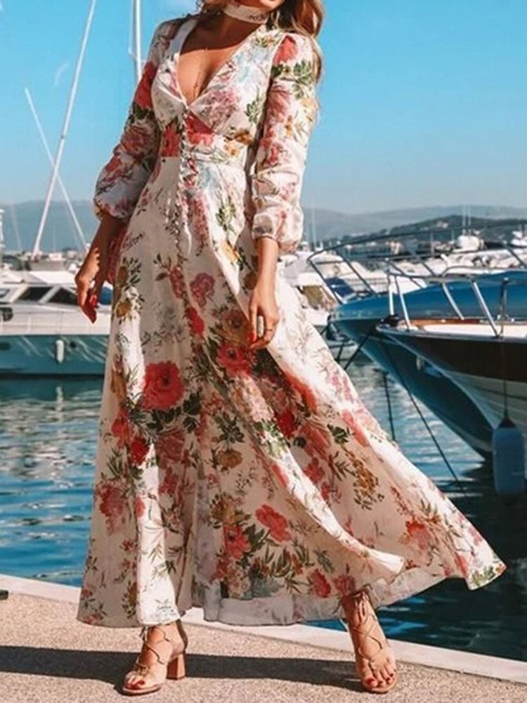 Lattiaa Hipova Pituus Pitkähihainen Nappilaajennus Ladylike Floral Maxi Dress Beach Naisten