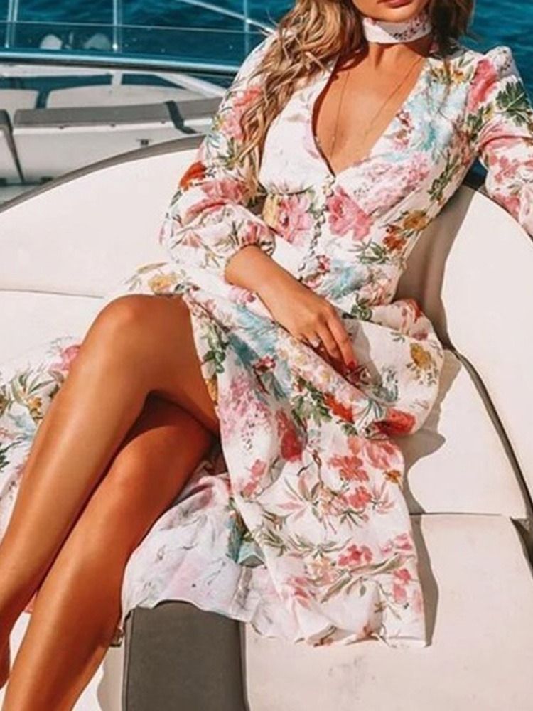 Lattiaa Hipova Pituus Pitkähihainen Nappilaajennus Ladylike Floral Maxi Dress Beach Naisten