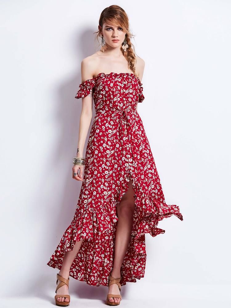 Naisten Slash Neck Puff Sleeve Print Maxi -mekko