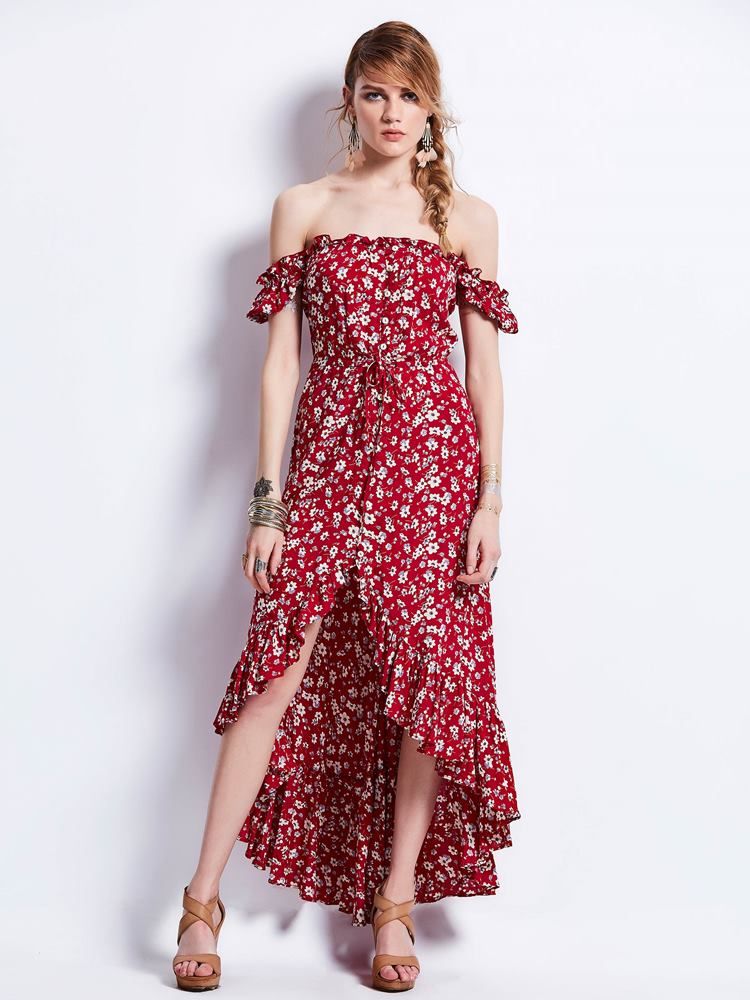 Naisten Slash Neck Puff Sleeve Print Maxi -mekko