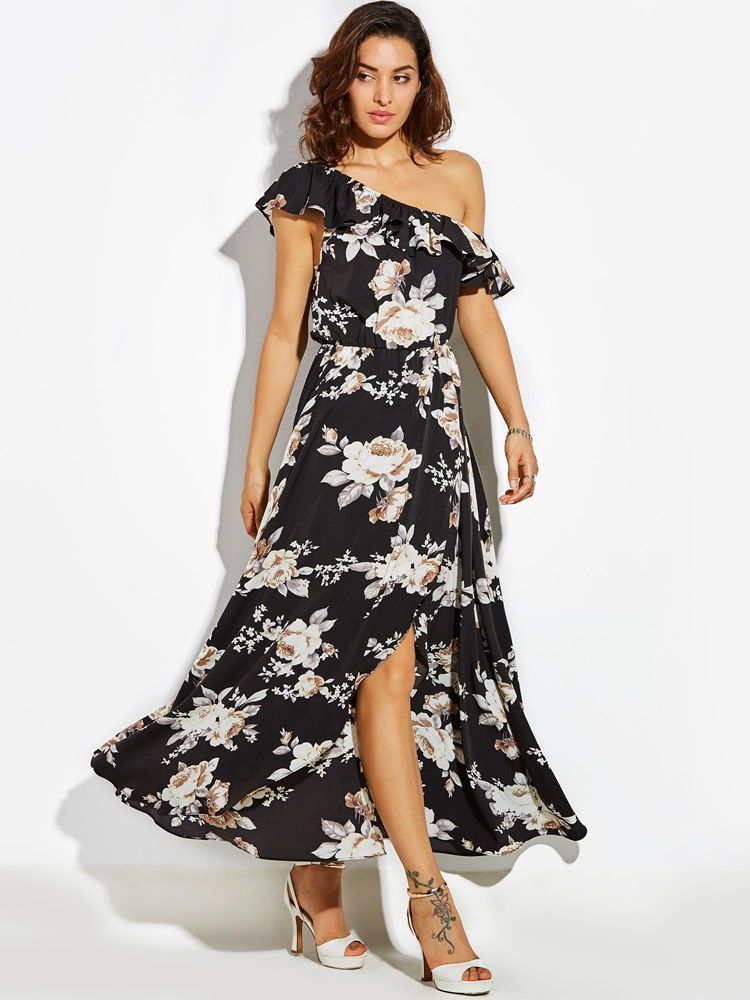 Naisten Vino Kaulus Ruffles Print Maxi -mekko