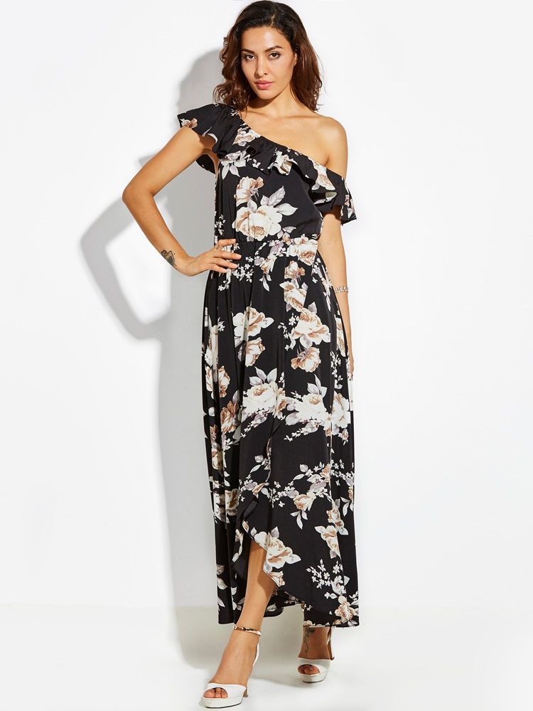 Naisten Vino Kaulus Ruffles Print Maxi -mekko