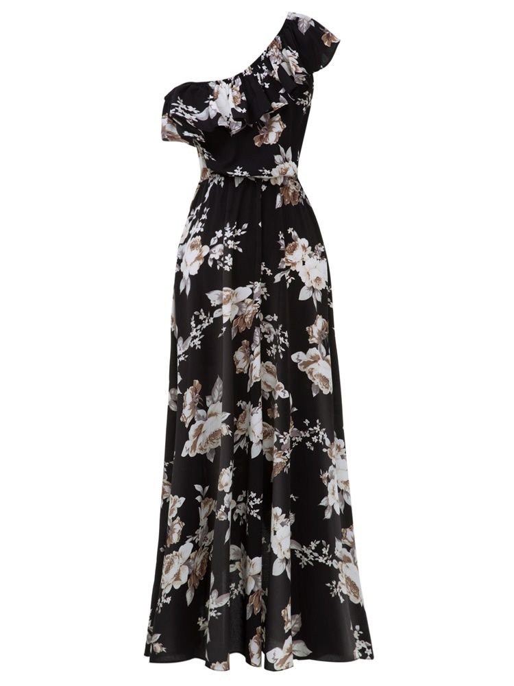 Naisten Vino Kaulus Ruffles Print Maxi -mekko