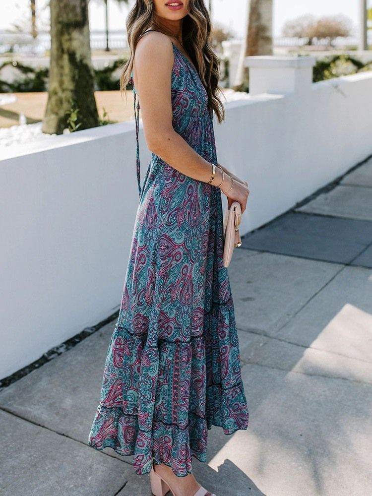 V-kaula-aukko Nilkka-pituus Print Office Lady Pullover Dress Floral Maxi Dress Beach Dresses Naisten