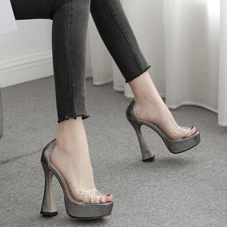 Naisten Tekojalokivi Peep Toe Chunky Heel Rento Avokkaat