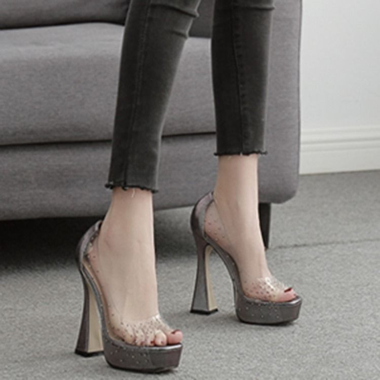 Naisten Tekojalokivi Peep Toe Chunky Heel Rento Avokkaat