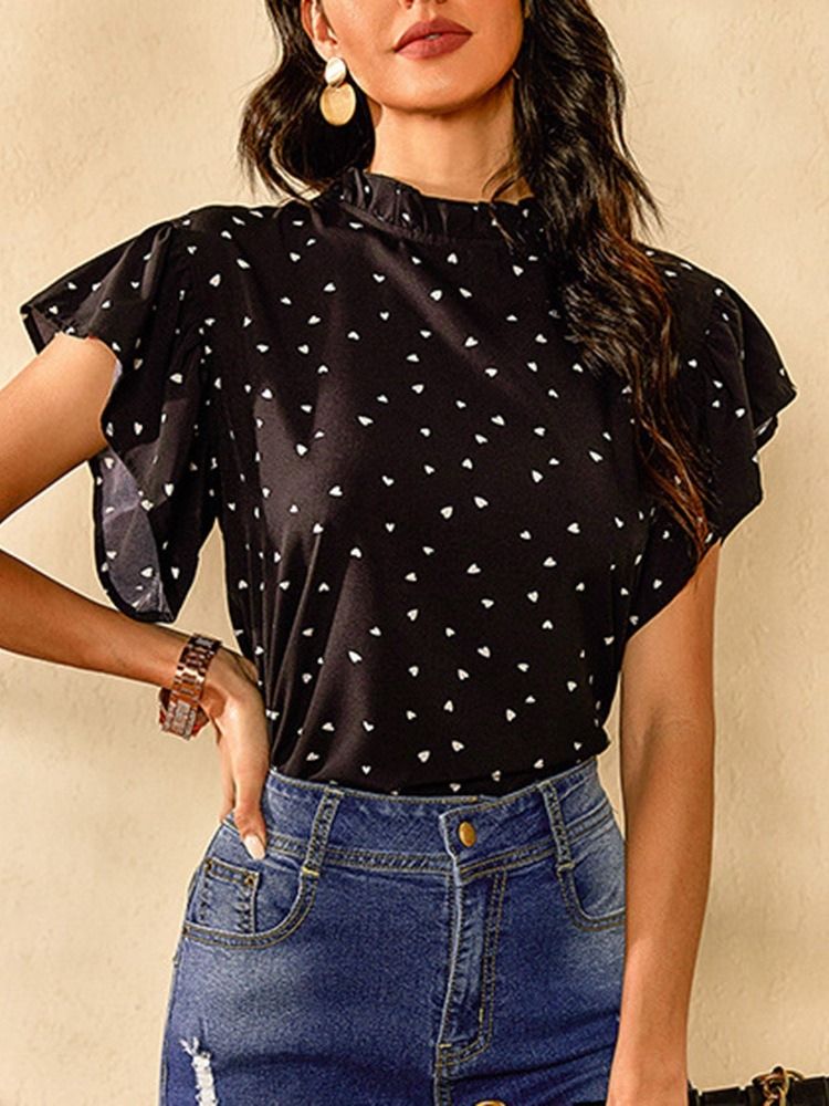 Print Polka Dots Ruffle Sleeve -lyhythihainen Naisten Pusero