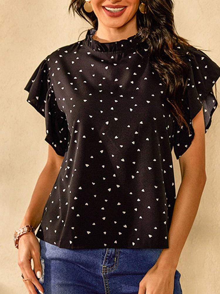 Print Polka Dots Ruffle Sleeve -lyhythihainen Naisten Pusero