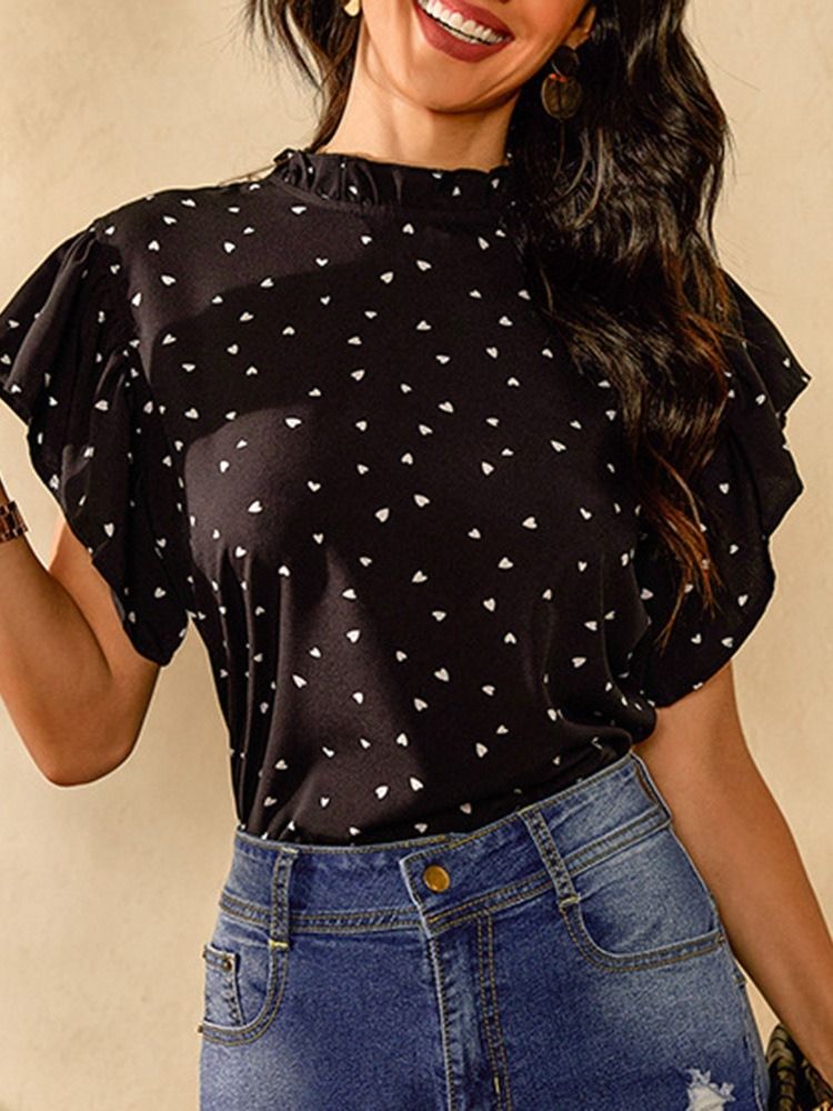 Print Polka Dots Ruffle Sleeve -lyhythihainen Naisten Pusero