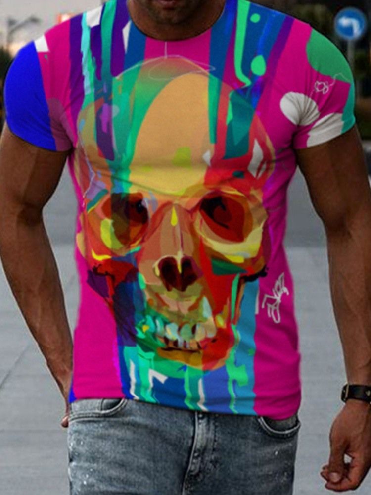 Skull Print Slim Lyhythihainen Miesten T-paita