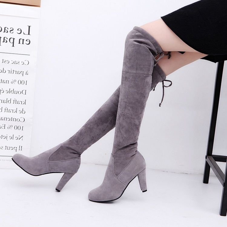 Chunky Heel Plain Round Toe Naisten Polvisaappaat