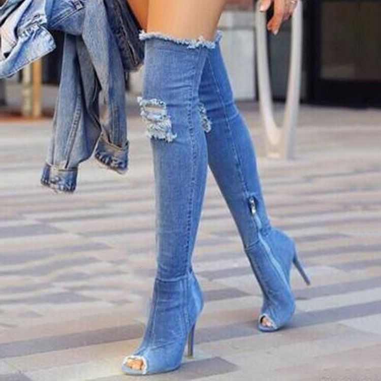 Denim Side Zipper Peep Toe Naisten Polvisaappaat