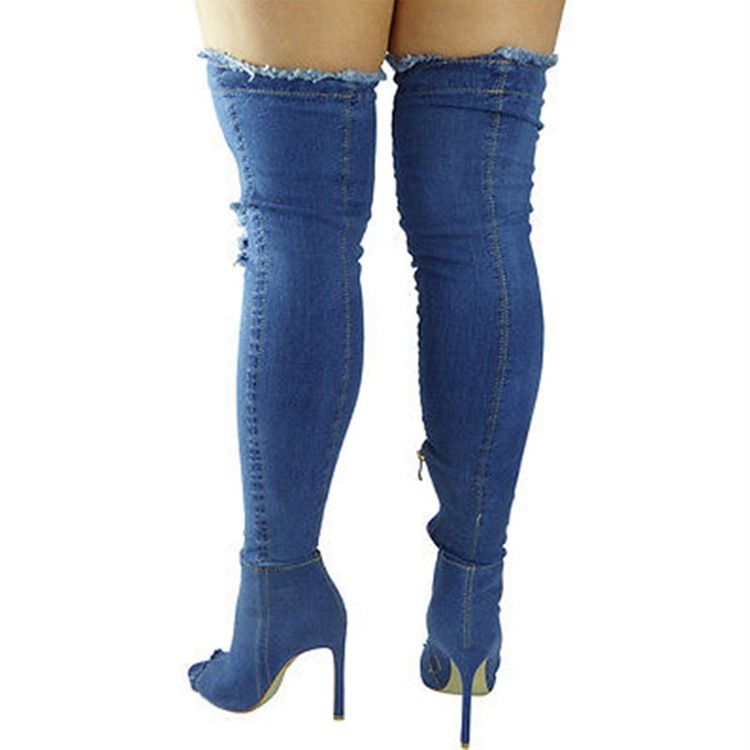 Denim Side Zipper Peep Toe Naisten Polvisaappaat