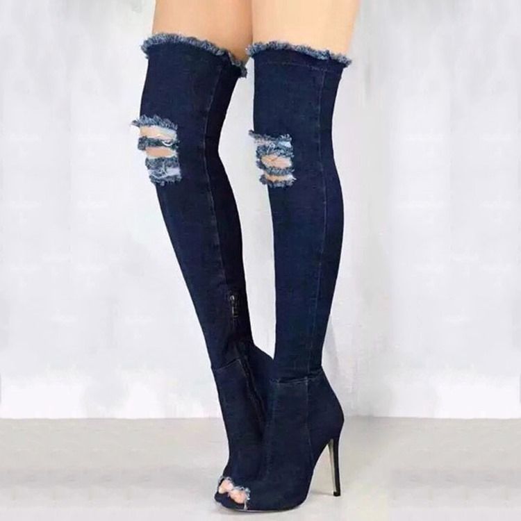 Denim Side Zipper Peep Toe Naisten Polvisaappaat