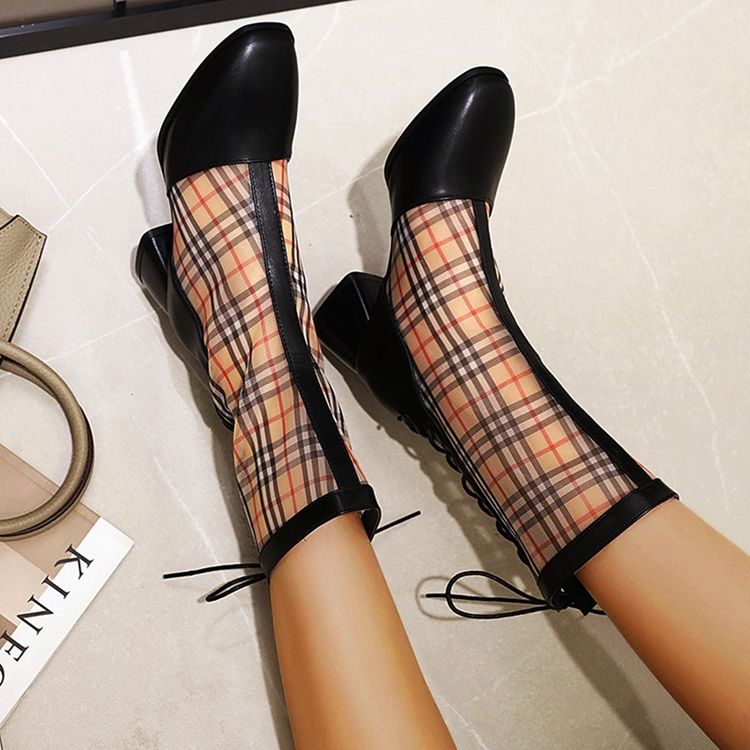 Naisten Chunky Heel Square Toe Patchwork Pu-saappaat