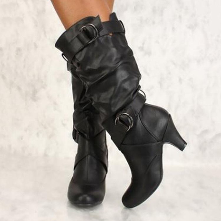 Naisten Side Zipper Chunky Heel Calf High Slouchy Saappaat