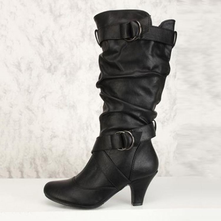 Naisten Side Zipper Chunky Heel Calf High Slouchy Saappaat