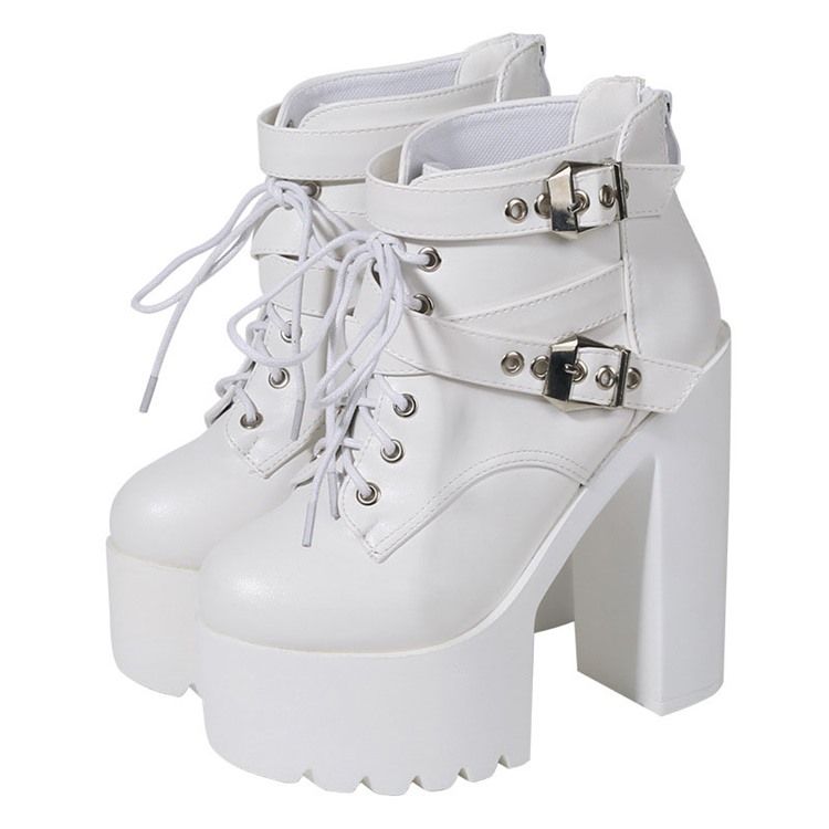 Selkävetoketjullinen Pyöreä Varvas Platform Chunky Heel Cross Strap Naisten Saappaat