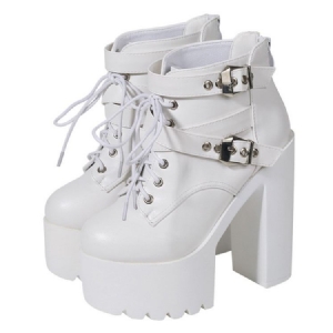 Selkävetoketjullinen Pyöreä Varvas Platform Chunky Heel Cross Strap Naisten Saappaat