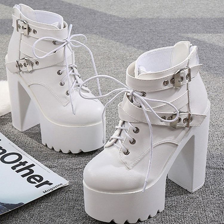 Selkävetoketjullinen Pyöreä Varvas Platform Chunky Heel Cross Strap Naisten Saappaat