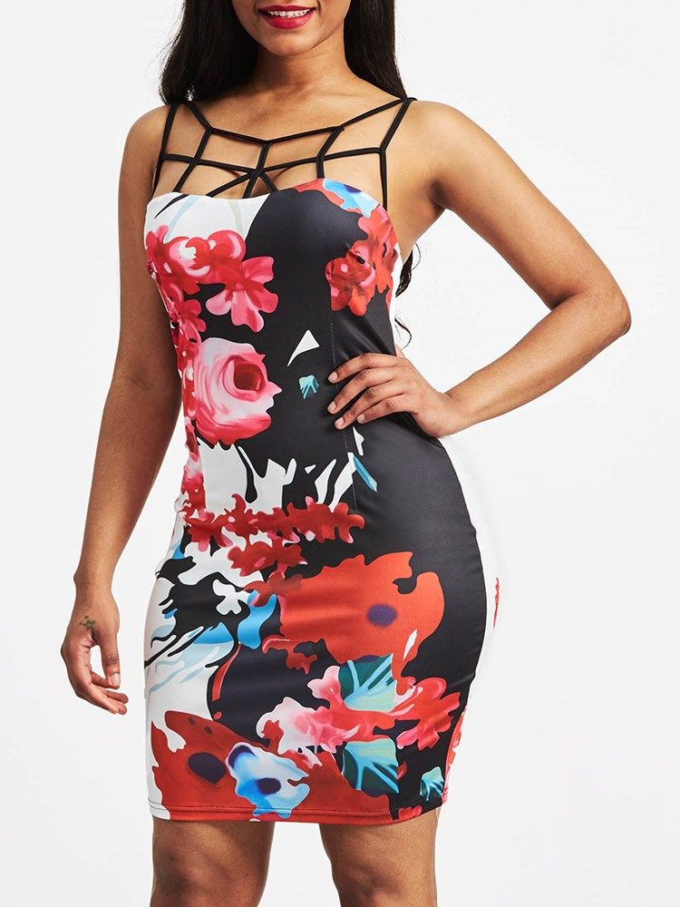 Naisten Kukkapainettu Spagettihihnaton Backless-bodycon-mekko