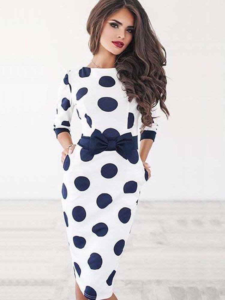 Naisten Polvipituinen Rusetti Polka Dot Bodycon -mekko