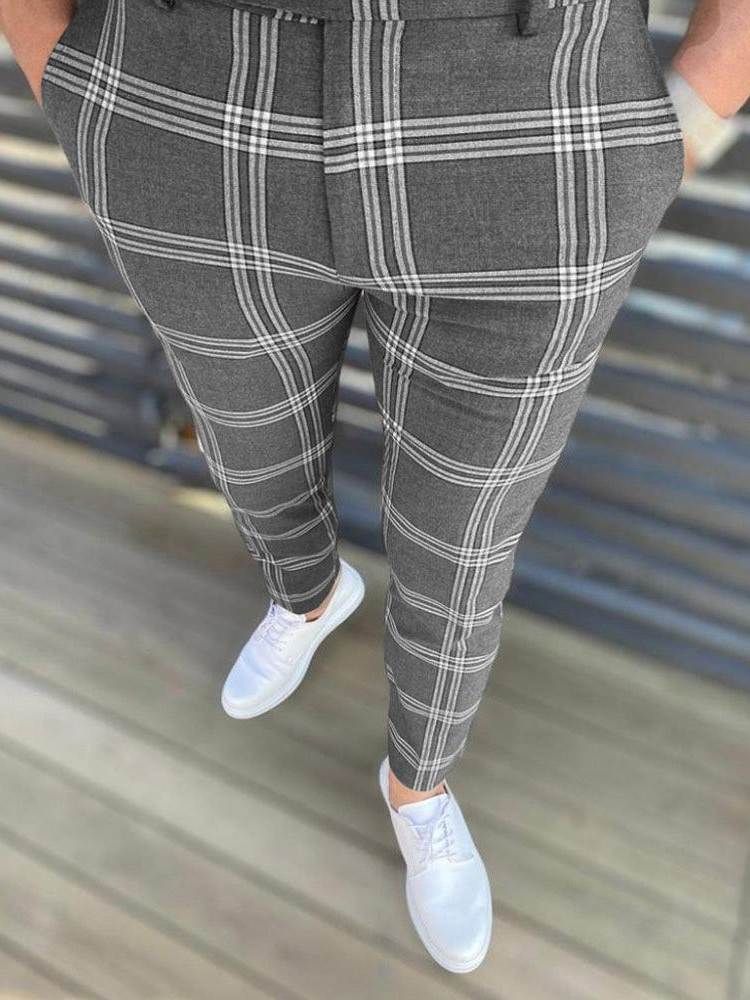 Kynähousut Plaid Zipper European Miesten Rento Housut