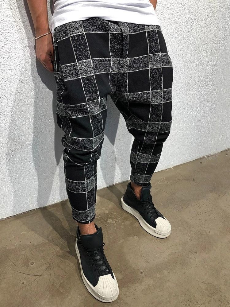 Pencil Plaid Print Mid Waist Style Miesten Rento Housut