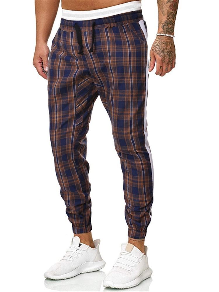 Plaid Print Mid Waist Miesten Rento Housut