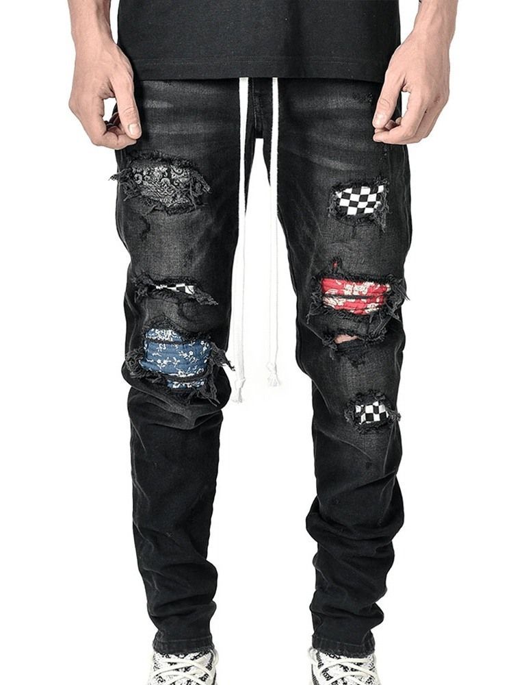 Kynähousut Plaid Patchwork Mid Waist Hip Hop -farkut