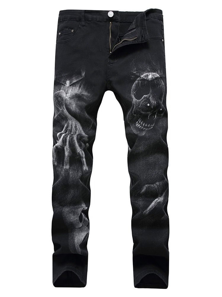 Skull Pencil Printed Mid Waist Miesten Rento Farkut