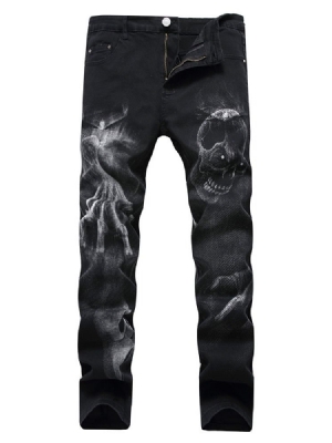 Skull Pencil Printed Mid Waist Miesten Rento Farkut