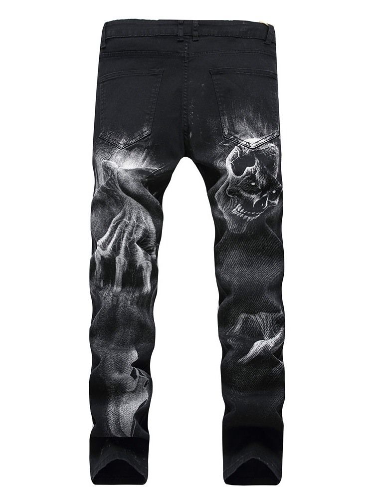 Skull Pencil Printed Mid Waist Miesten Rento Farkut